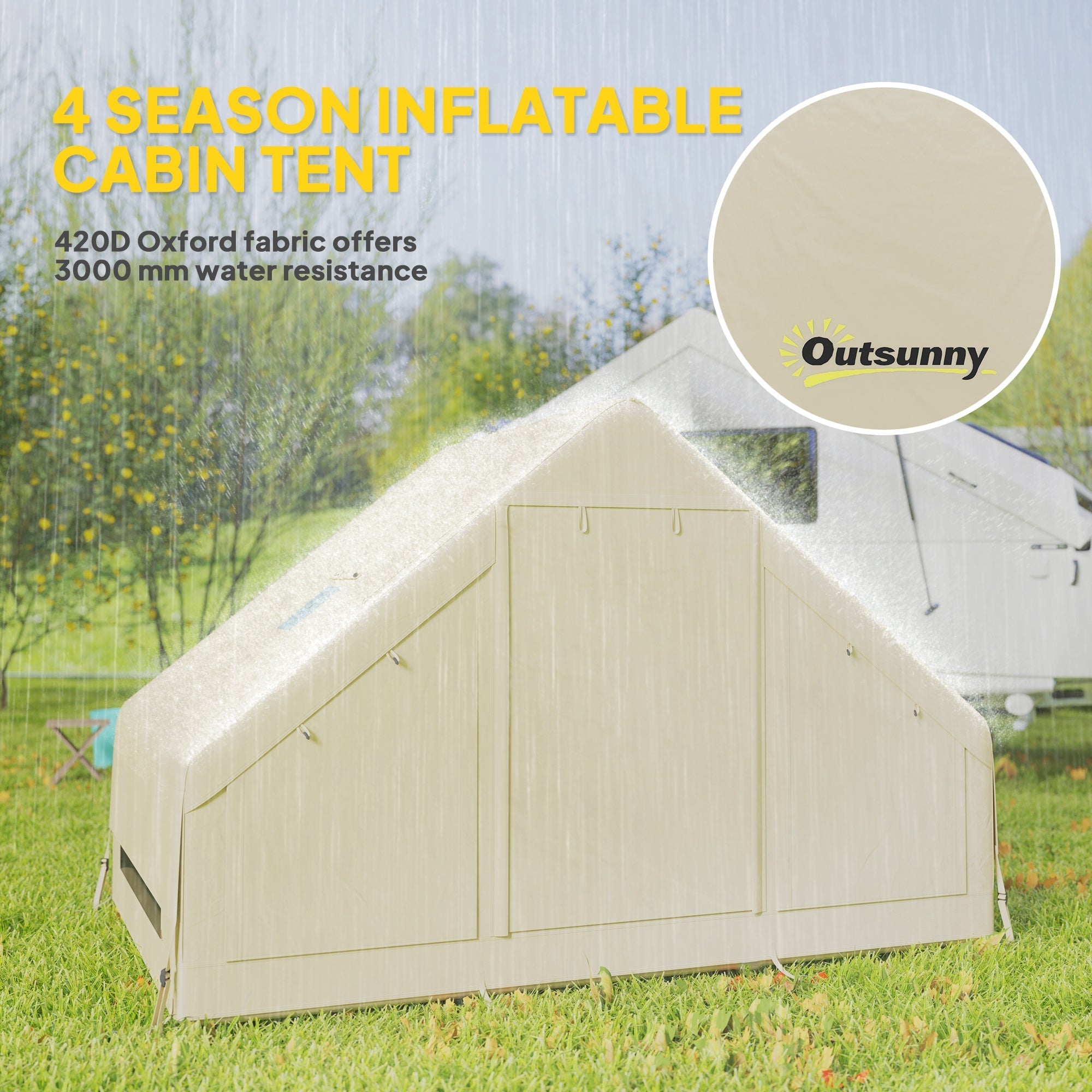 Outsunny Inflatable Camping Tent with Pump, Easy Setup 2-4 Person Blow Up Tent, Waterproof Luxury Inflatable Tent with Mesh Windows, Doors, Hook and Carry Bag, Beige