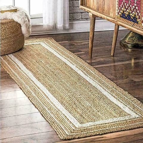 Natural fiber machine rug rectangular runner with woven texture and white border stripes