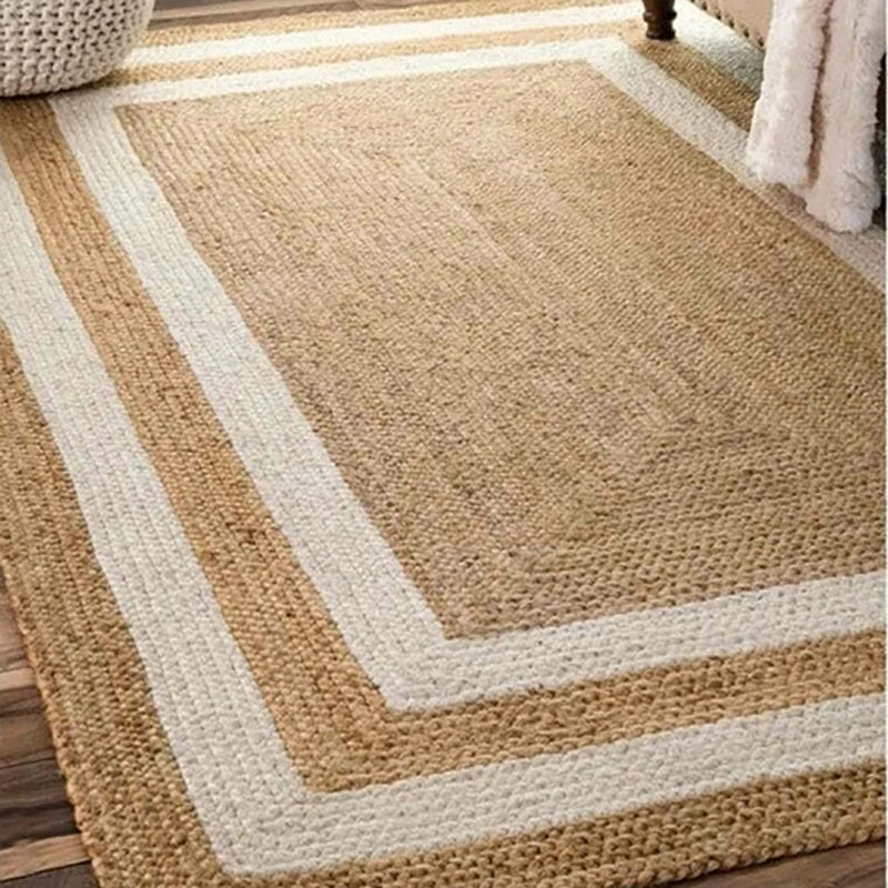 Natural fiber machine rug with textured woven design featuring beige and cream striped pattern in rectangular shape