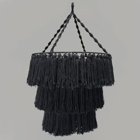 Black macrame soft chandelier with three tiers of cascading tassels and twisted rope suspension hanging ceiling light