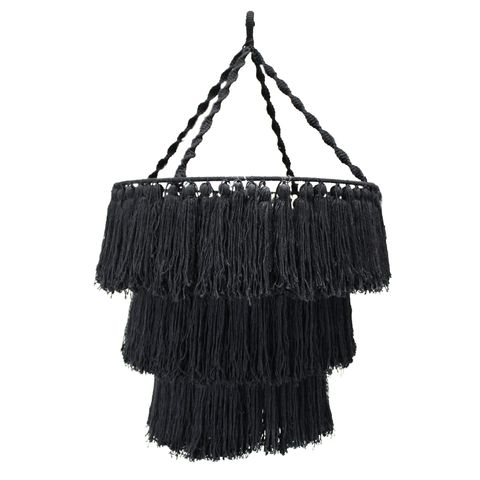 Black macrame soft chandelier with tiered fringe perfect for stylish boho home decor lighting