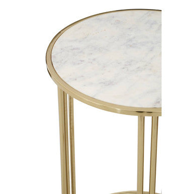 Gold finished metal frame side table with a white marble round top for stylish living spaces
