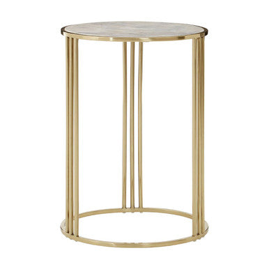Gold-finished metal side table with a white marble round top perfect for stylish living spaces