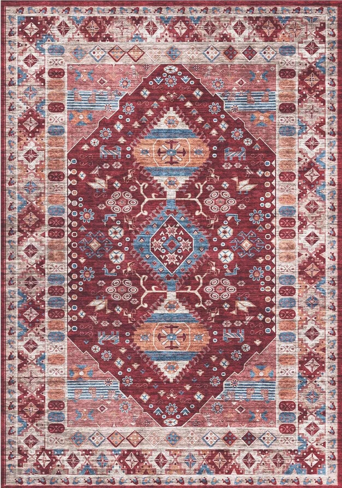 A madar vintage washable rug with a burgundy center and faded blue cream geometric floral patterns