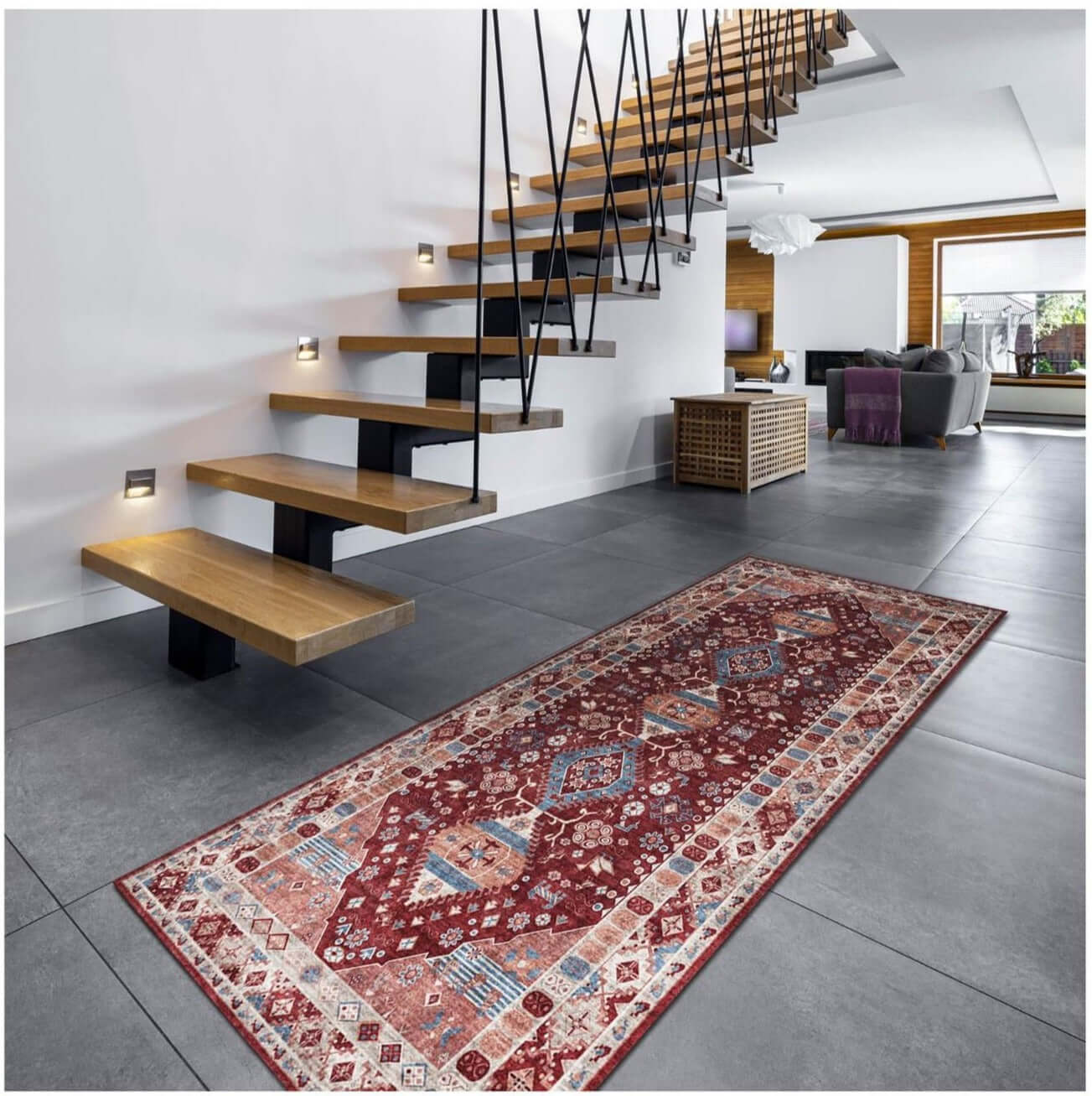 A long ornate red and beige madar vintage washable rug with intricate geometric patterns perfect as a vintage washable rug