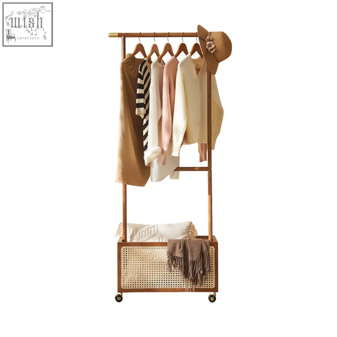 Wooden madeline coat rack with wheels cane basket and neutral tone garments hanging for organized storage