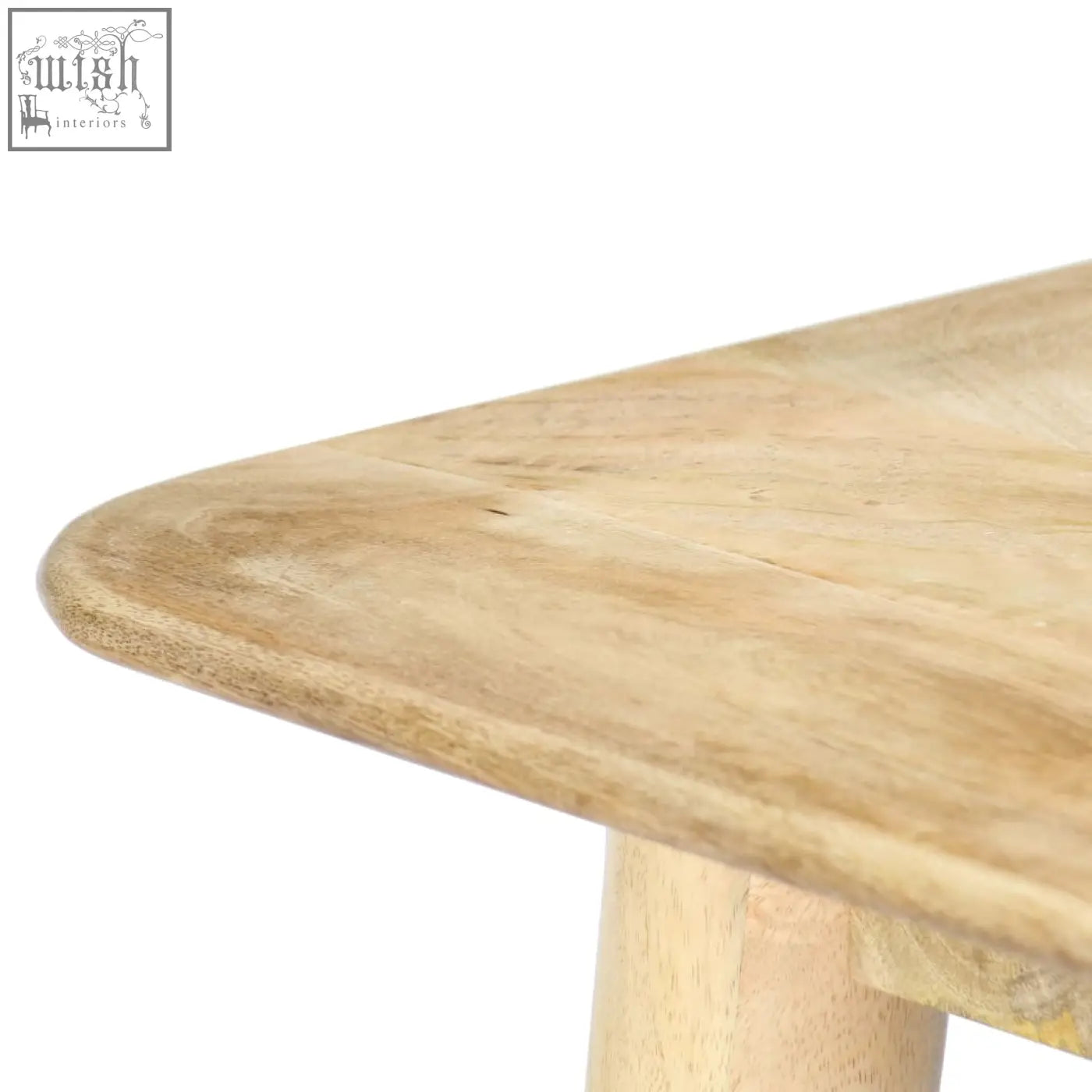 Light-colored mango wood dining table with smooth rounded edge and visible natural wood grain handmade 180cm