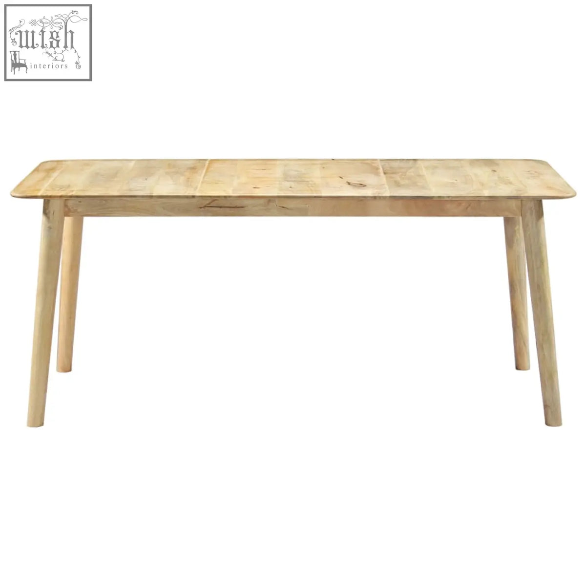 Light-colored maelis mango wood dining table with smooth natural finish and tapered legs for wood dining table lovers