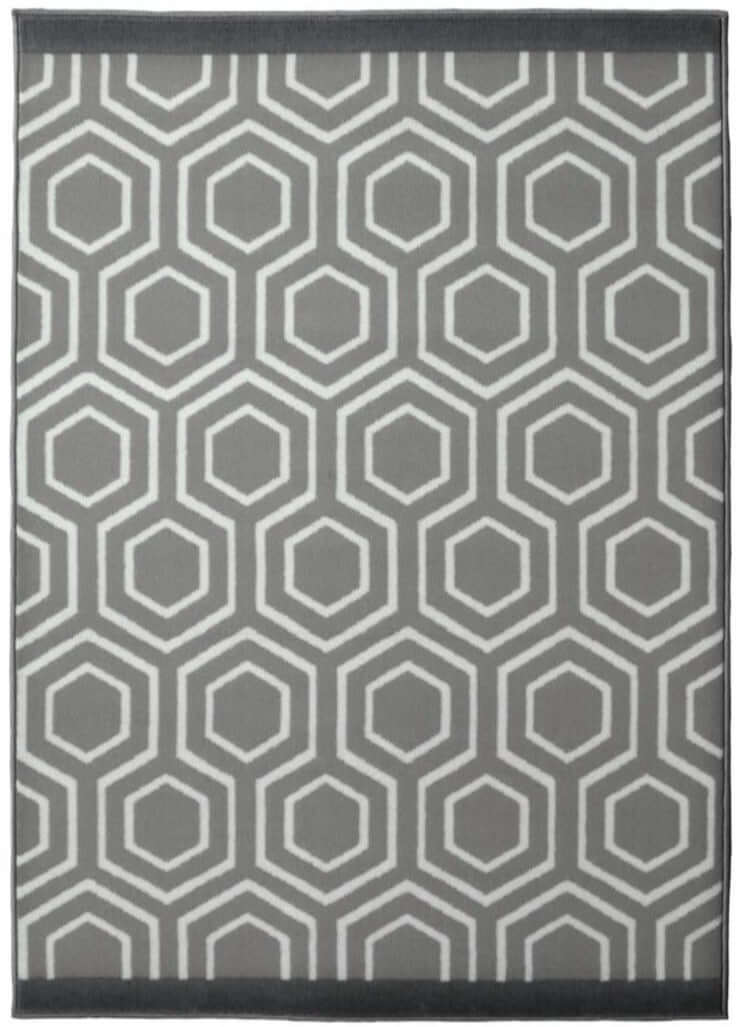 Gray and white geometric patterned maestro honeycomb grey rug with repeating hexagon design for modern spaces