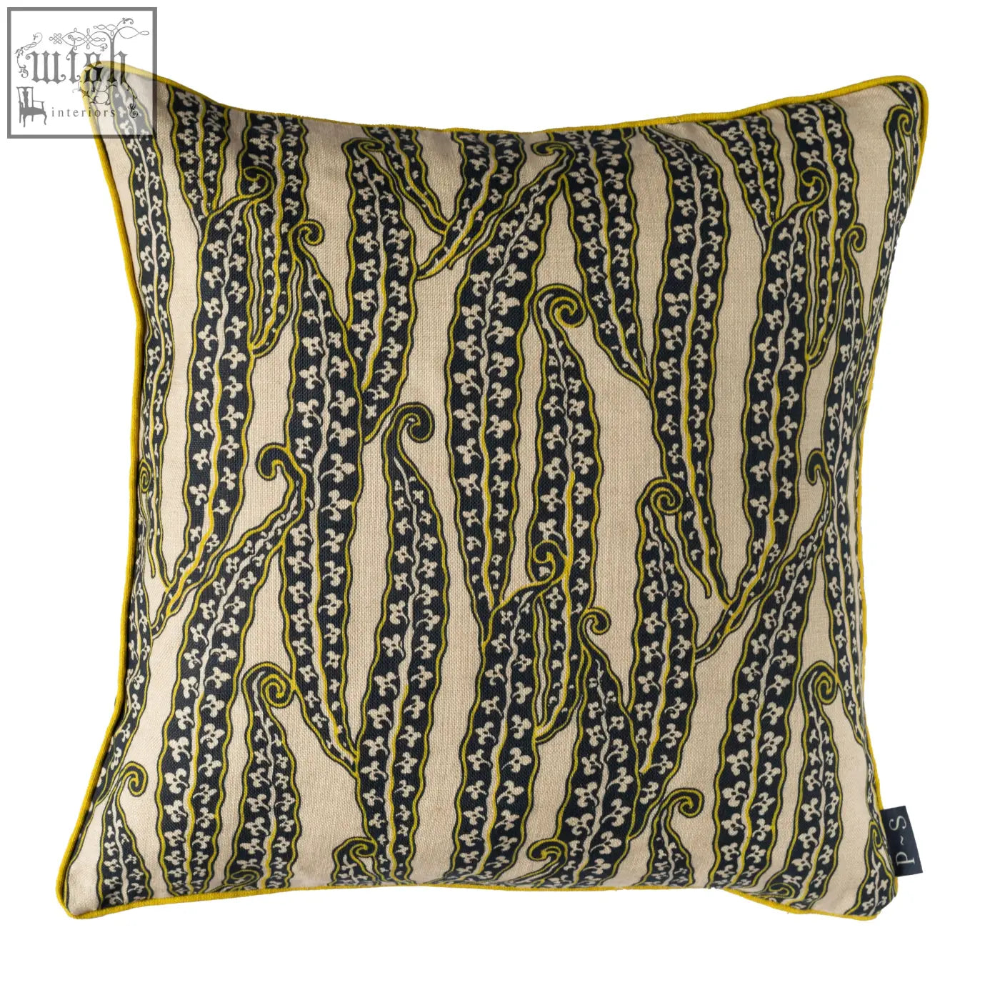 Beige magic beans cushion with black and yellow embroidered floral stripes and bright yellow piping detail