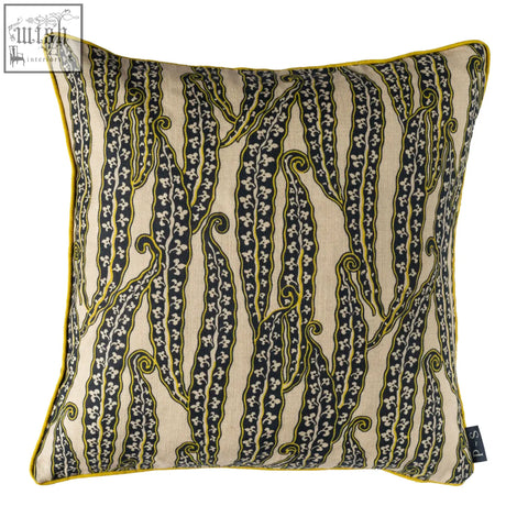 Beige magic beans cushion with black and yellow embroidered floral stripes and bright yellow piping detail