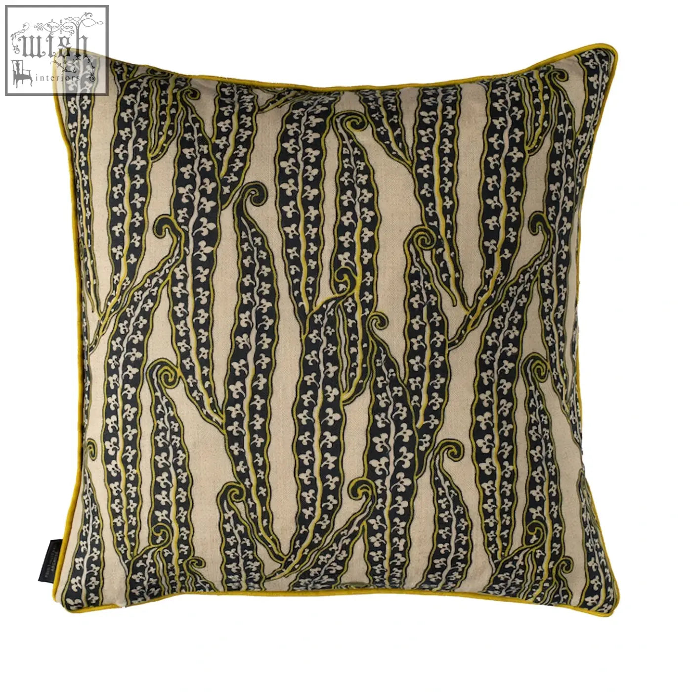 Beige magic beans cushion with black and yellow embroidered floral stripes and vibrant yellow piping