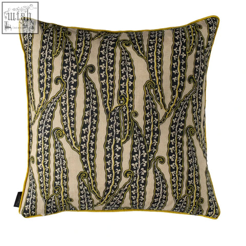 Beige magic beans cushion with black and yellow embroidered floral stripes and vibrant yellow piping