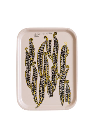 A rectangular beige wooden tray called magic beans featuring an elegant green beans illustration with black and gold details