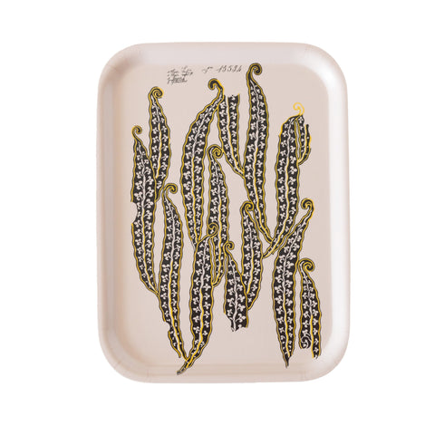 A beige wooden magic beans tray with elegant black and gold stylized bean pod illustrations