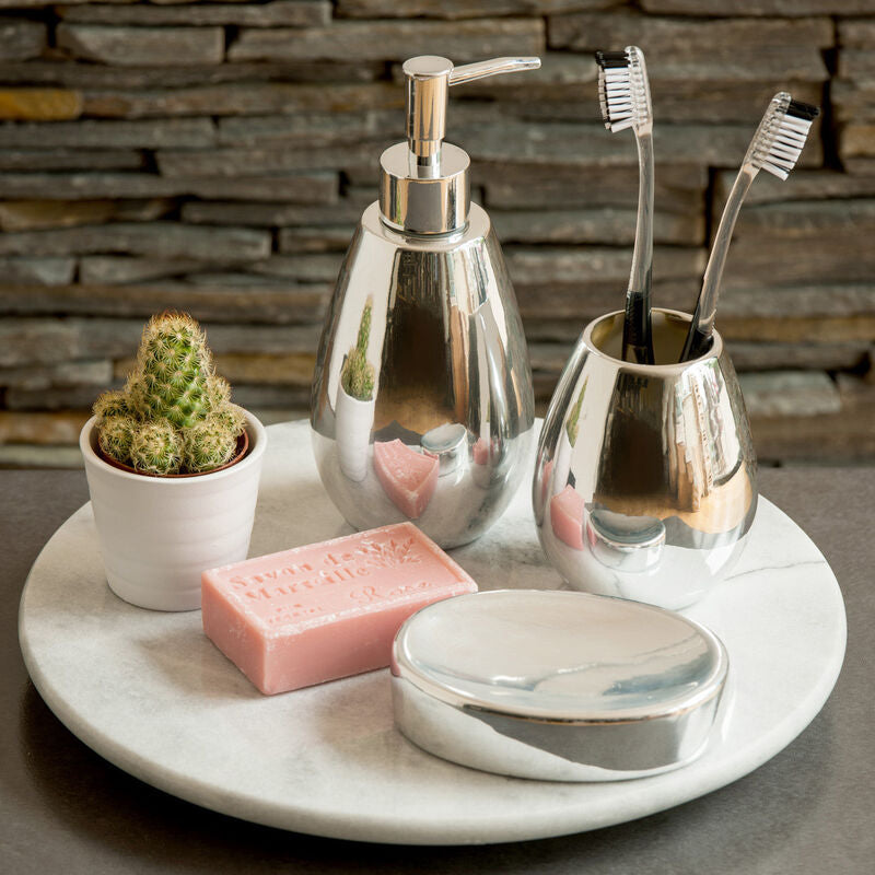 Shiny silver metallic magpie tumbler bathroom set with soap dispenser toothbrush holder and soap dish in dolomite finish