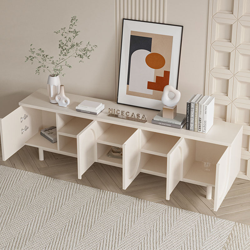 Modern white mahara arched tv stand with modular design sliding doors and open shelving for media storage