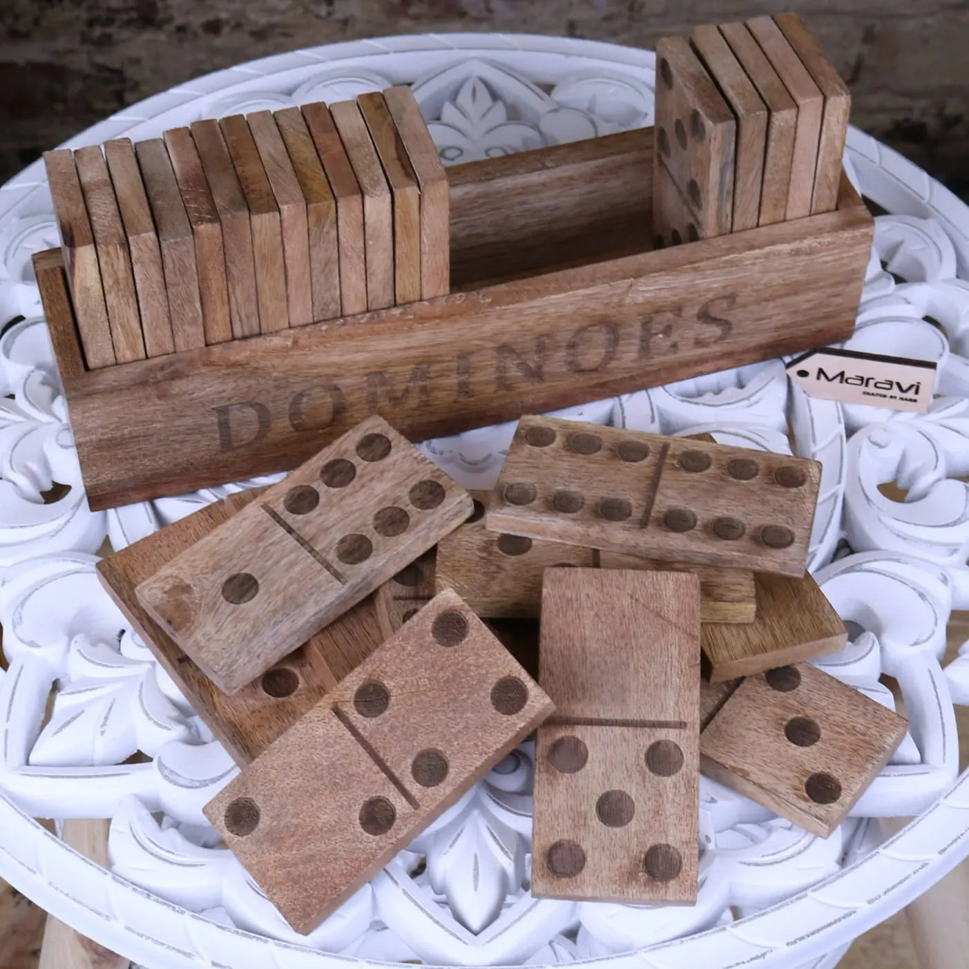 Mahua wooden domino set with holder featuring wooden dominoes in a matching carved wood box branded maravi