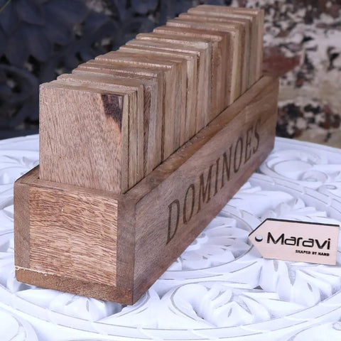 Mahua wooden domino set with holder featuring a handcrafted natural wood finish wooden domino set in a tray