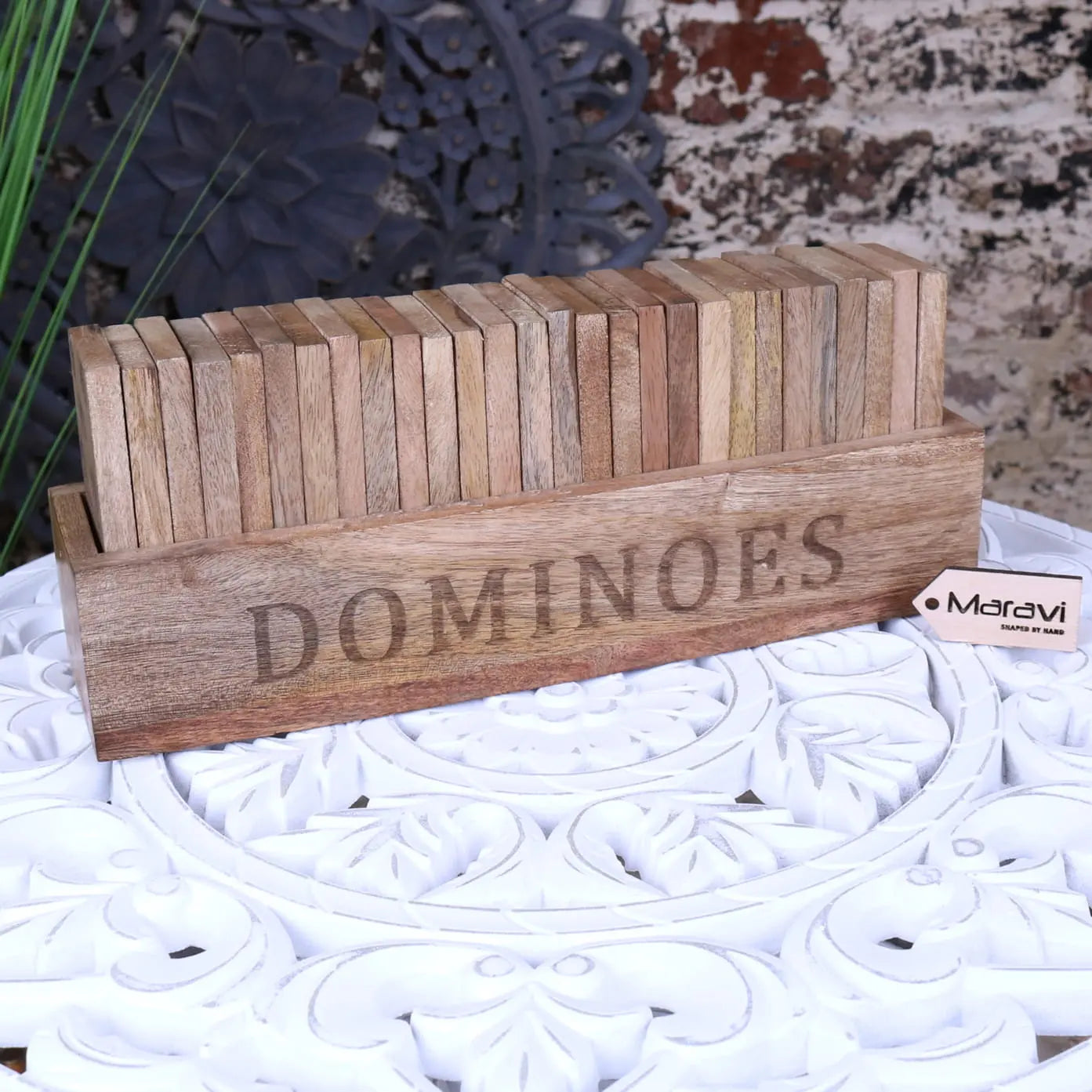 Mahua wooden domino set with holder featuring a wooden domino set in a matching engraved wooden tray by maravi