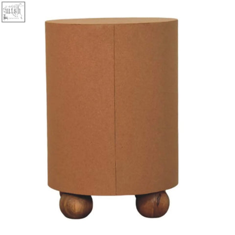 Brown cylindrical side table with wooden ball feet storage unit from maison liège with three storage compartments