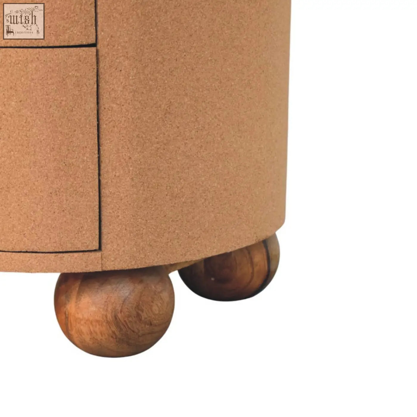 Cork cylindrical side table storage unit with rounded wooden ball feet from maison liège in natural wood finish