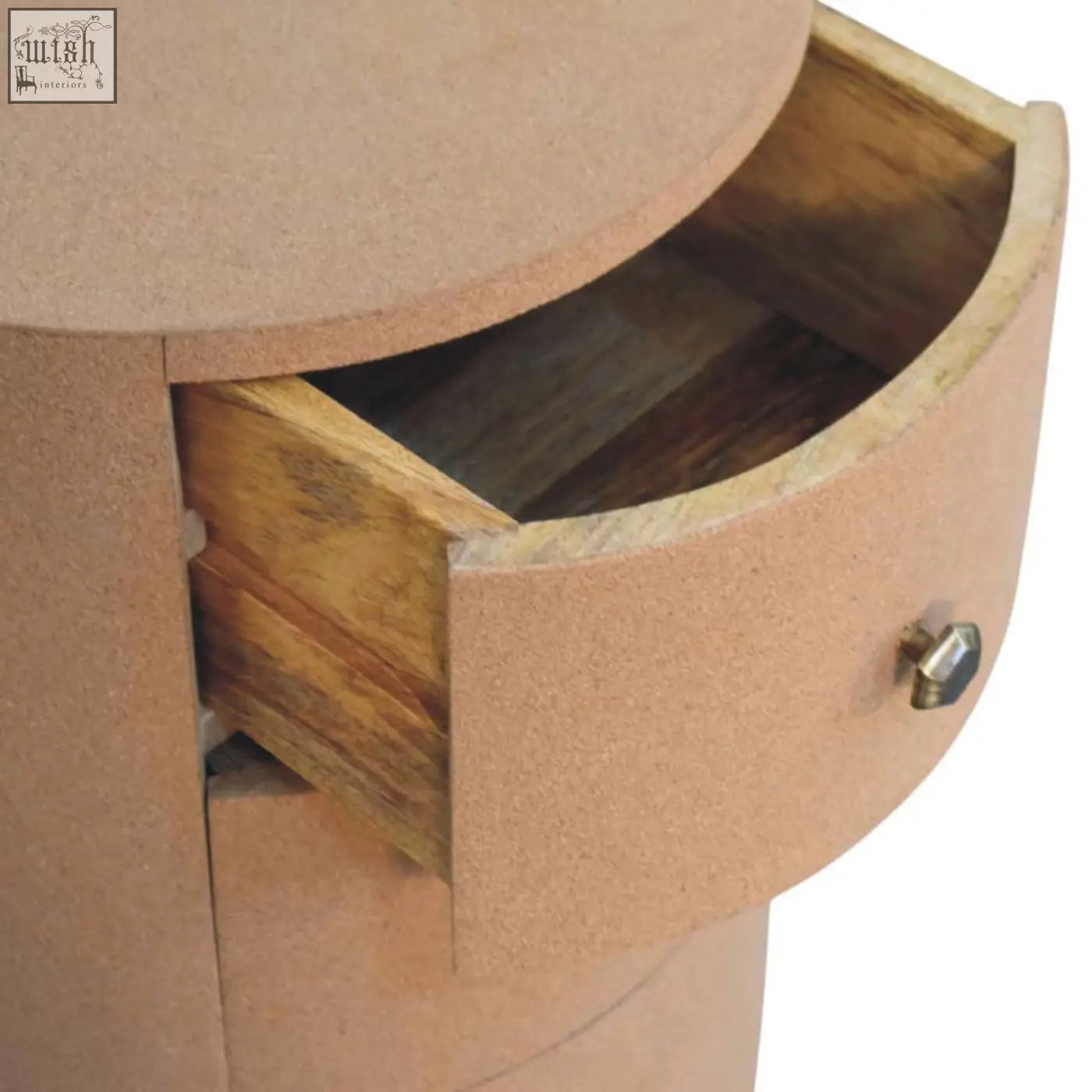 Curved cork nightstand with rustic wooden drawer and metallic knob in maison liège 3 storage unit design