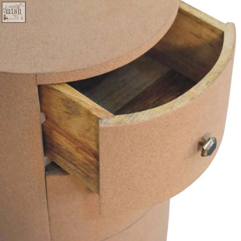 Curved cork nightstand with rustic wooden drawer and metallic knob in maison liège 3 storage unit design