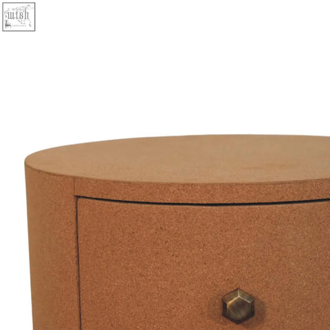 Maison liège cylindrical cork storage unit with natural brown surface and hexagonal brass knob nightstand design