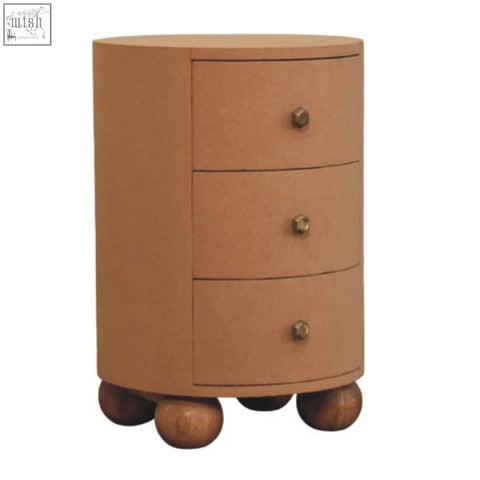 Tan cylindrical nightstand storage unit with three drawers brass hexagonal knobs and rounded wooden feet