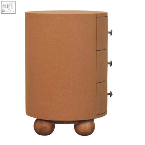 Tan cylindrical storage unit with three drawers and wooden ball feet by maison liège