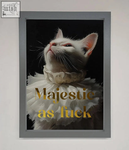 A foil print of a white cat with an ornate lace ruff collar on black background perfect for quick shipping times