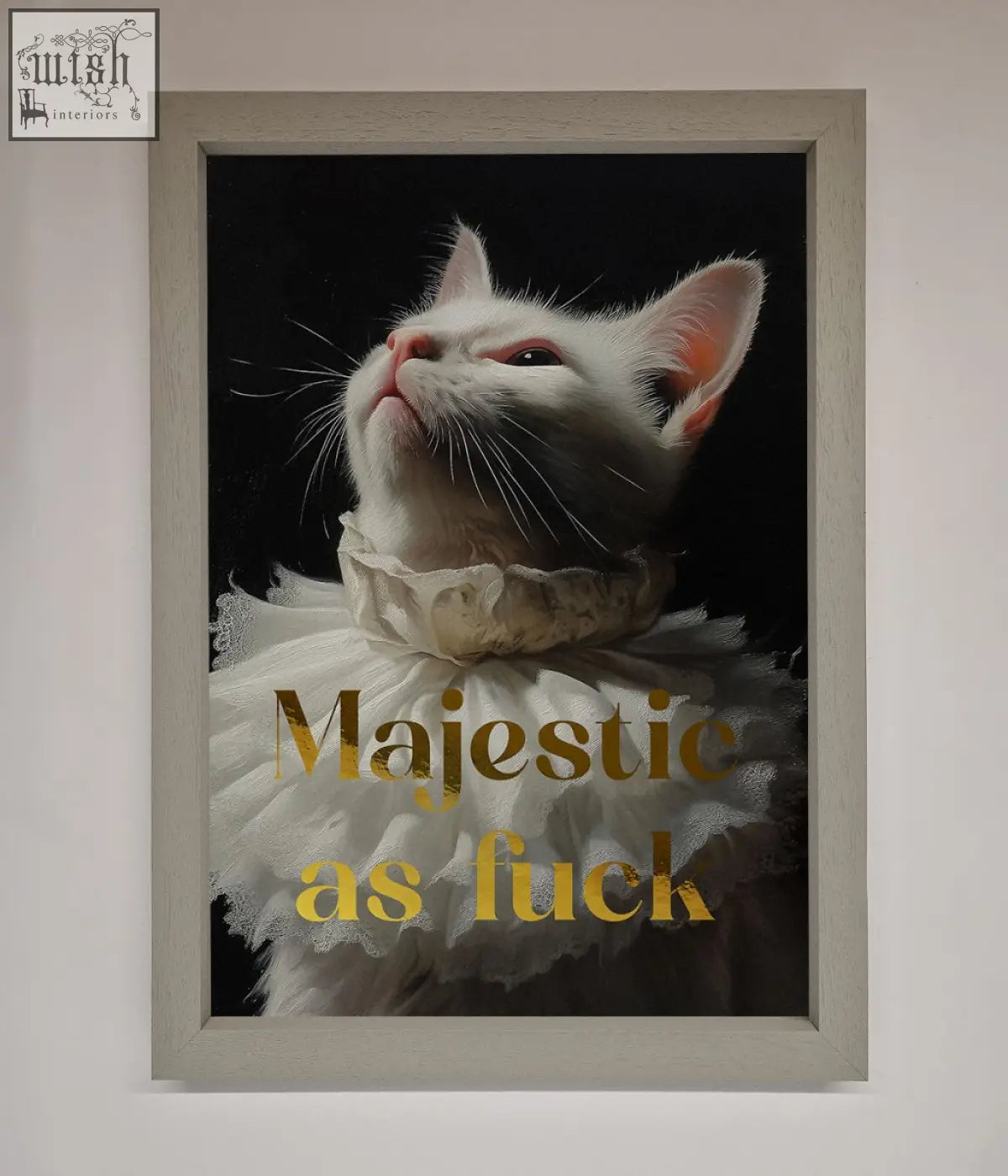 Framed foil print of a white cat with a lace ruff collar on black background perfect for quick shipping times