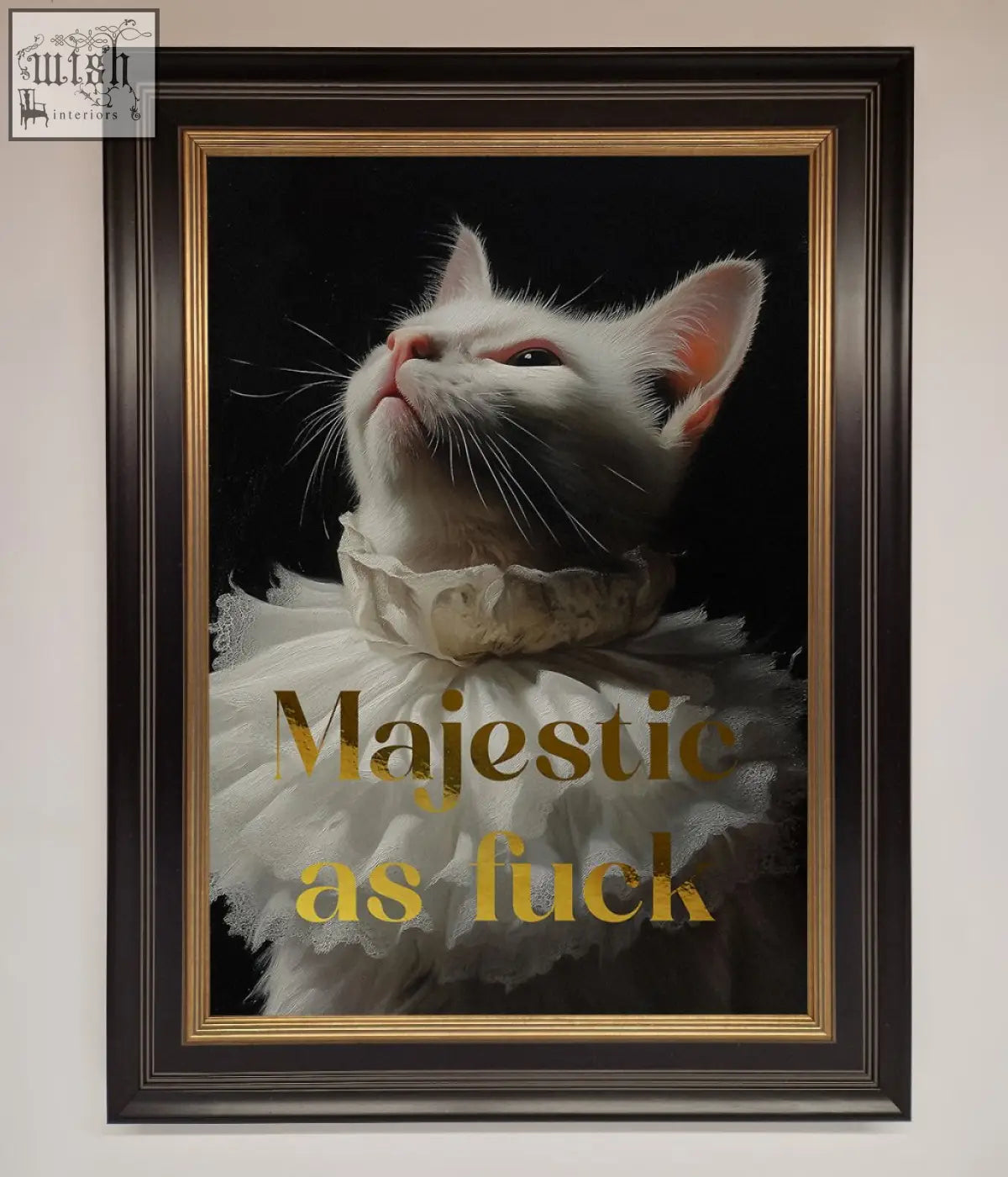 A foil print framed artwork of a white cat with an ornate lace ruff collar on black background with fast shipping times