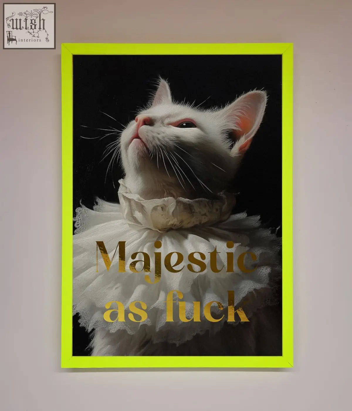 A framed foil print poster of a white cat with a lace collar on black background perfect for fast shipping times