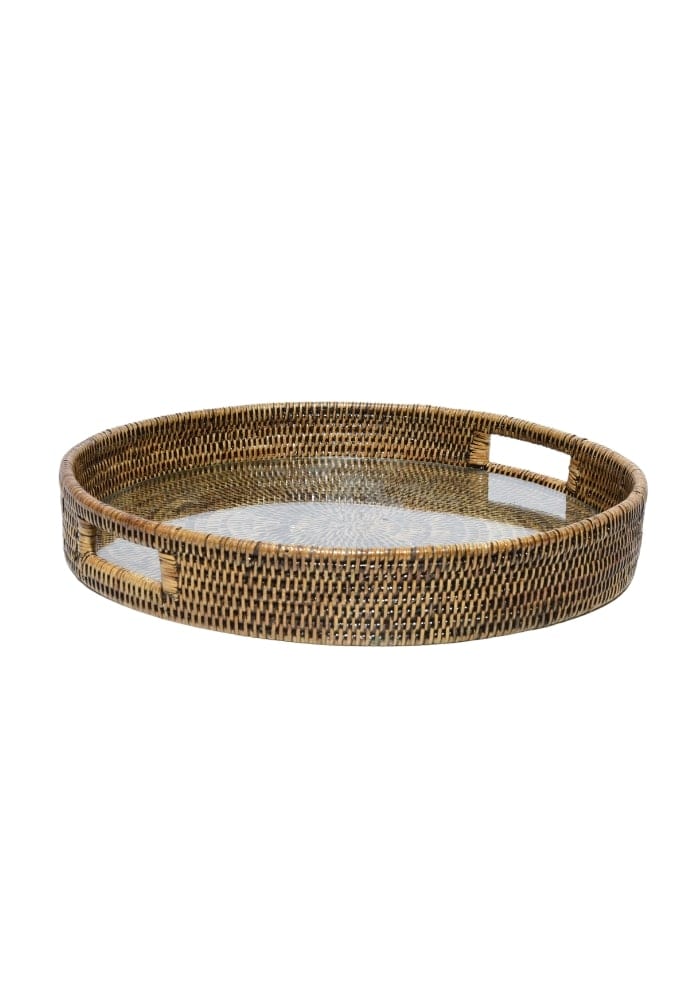 Majesty rattan serving tray in brown with round woven rattan, mirrored center, and two built-in handles