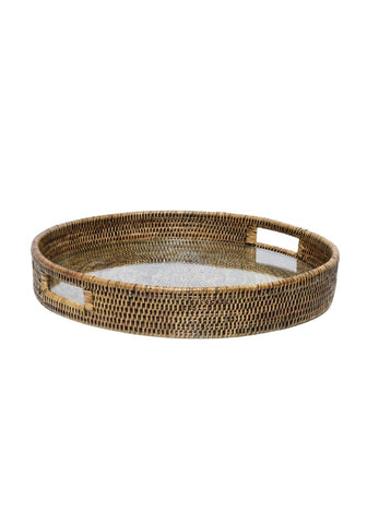Majesty rattan serving tray in brown with round woven rattan, mirrored center, and two built-in handles