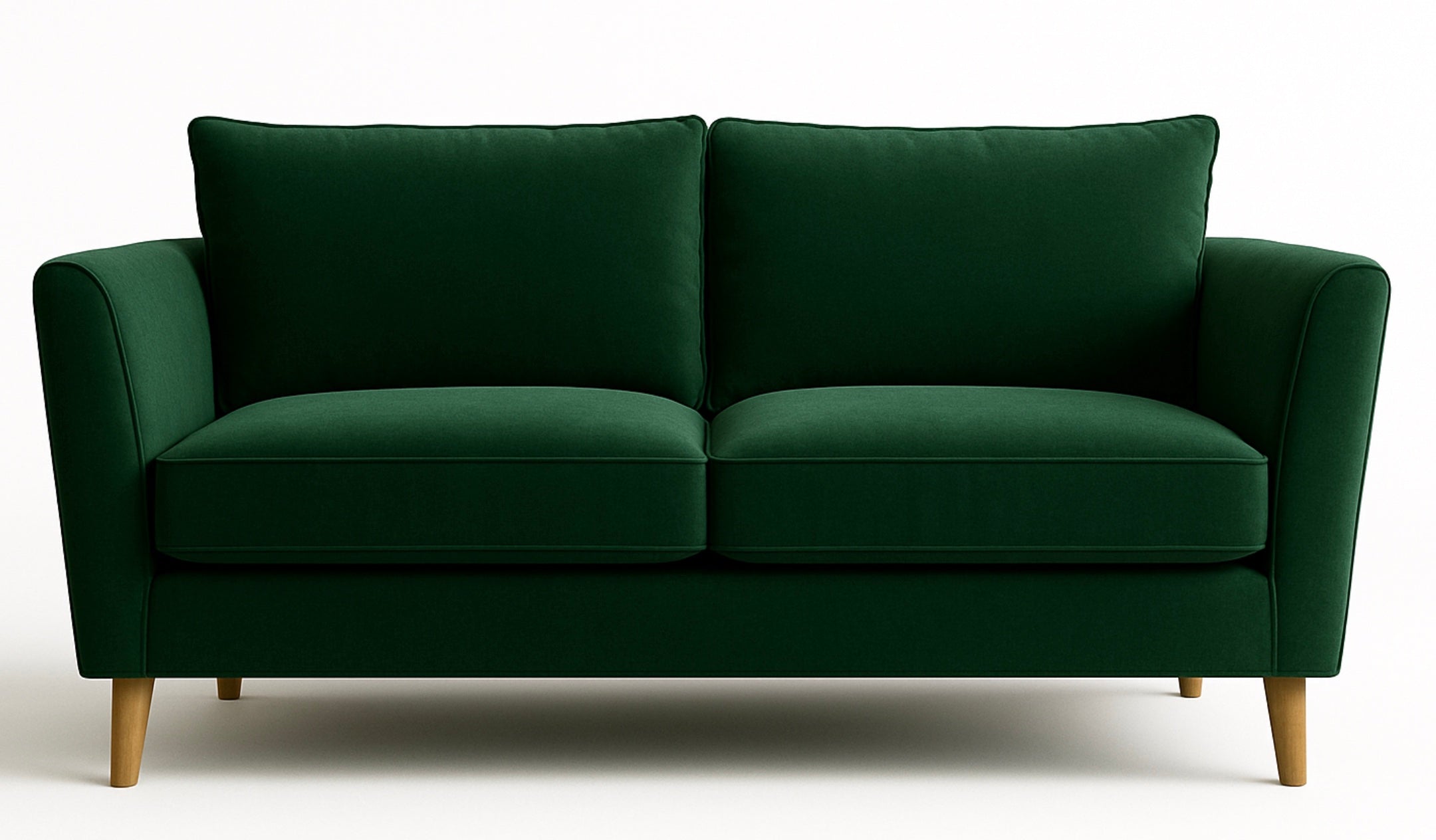Deep emerald green velvet malabar sofa two-seater with solid wood frame and wooden legs for cozy seating