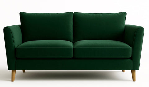 Deep emerald green velvet malabar sofa two-seater with solid wood frame and wooden legs for cozy seating