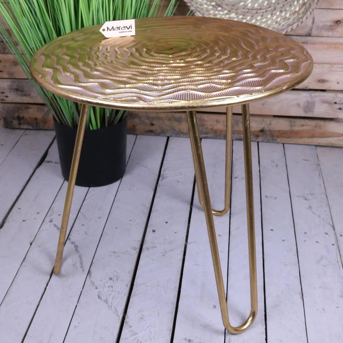 Malan gold tripod side table with a gold textured ripple top and slender hairpin legs perfect for small spaces