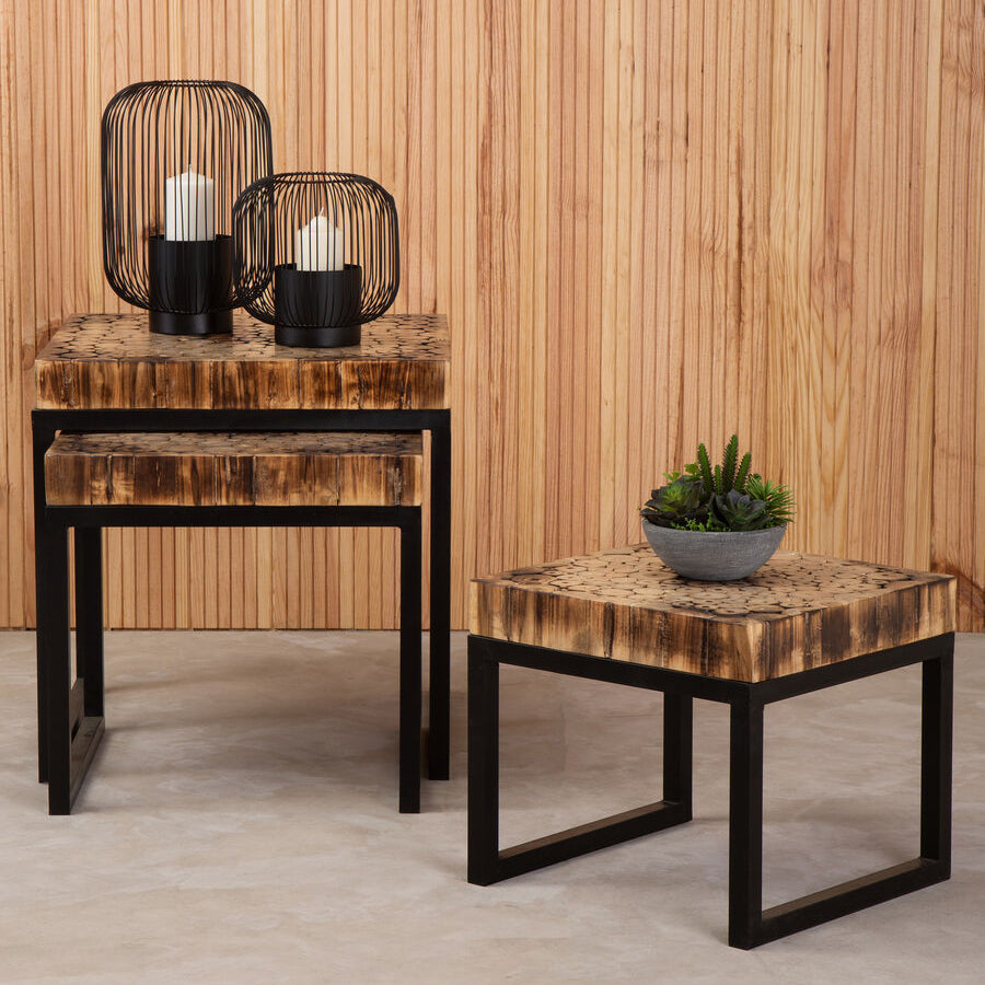 Rustic wooden top malang set of 3 nesting tables with sleek black bases and sturdy metal frames for versatile use