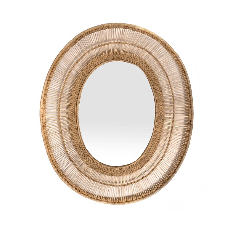 Natural woven rattan malawi mirror oblong with textured concentric oval bands perfect for wall decor