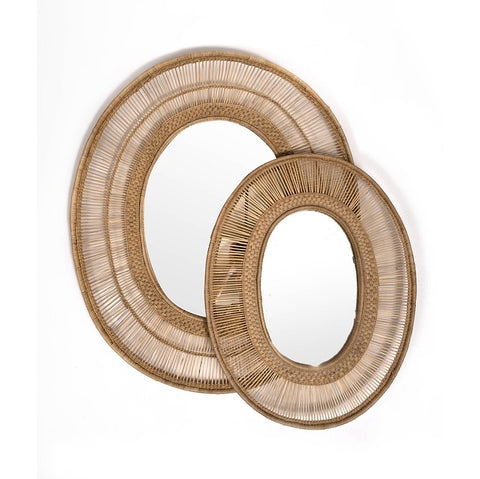 Two oval Malawi Mirror oblong mirrors with woven rattan frames in natural beige and tan colors