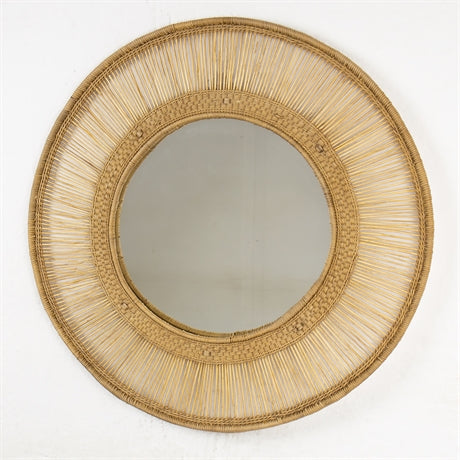 Malawi mirror round with rattan frame natural woven texture and light tan color perfect for wall decor