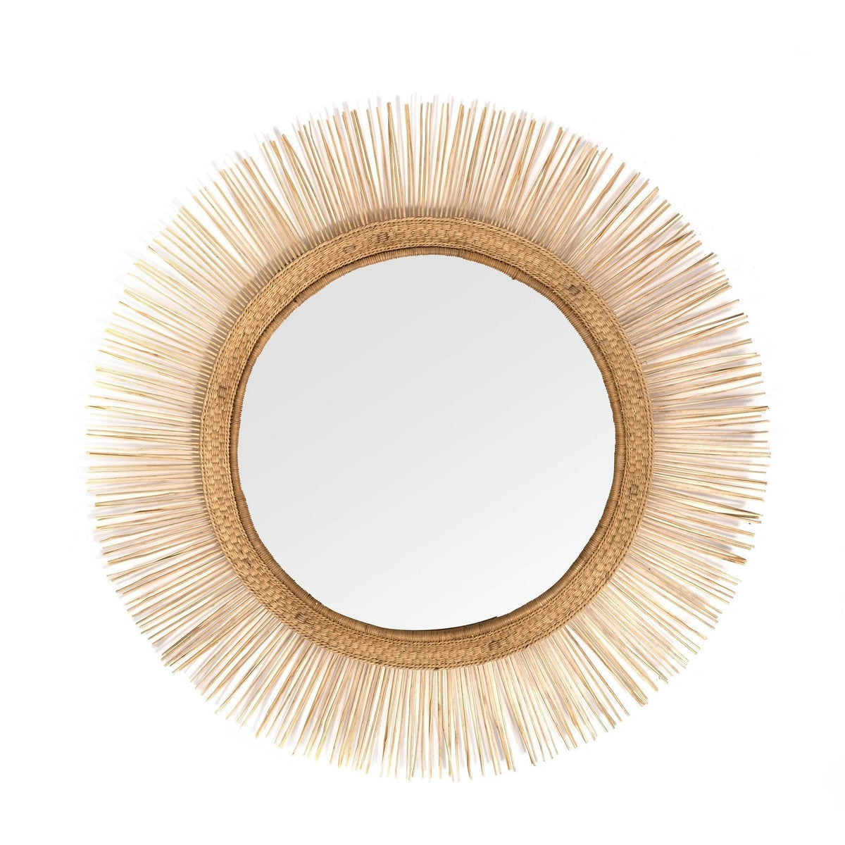 Circular malawi mirror sun with natural woven rattan frame and radiating straw-like rays for wall decor