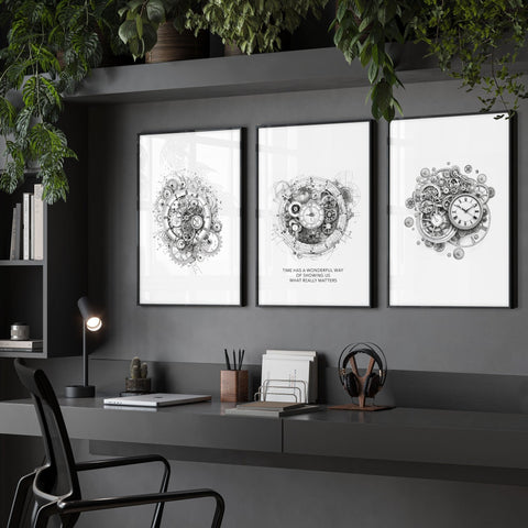 Male Office Decor | Set of 3 Abstract Clocks Wall art Prints