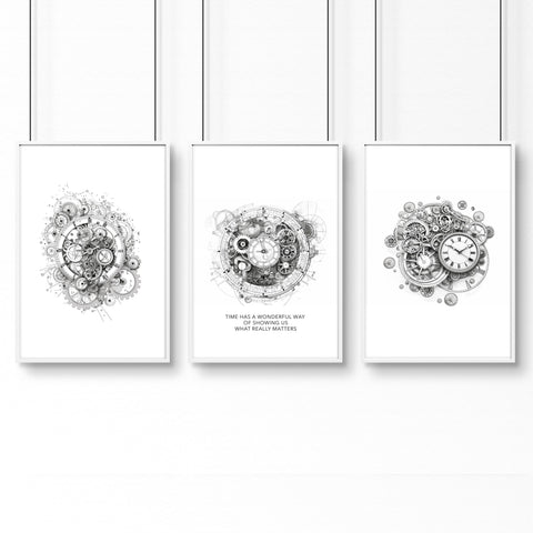 Male Office Decor | Set of 3 Abstract Clocks Wall art Prints