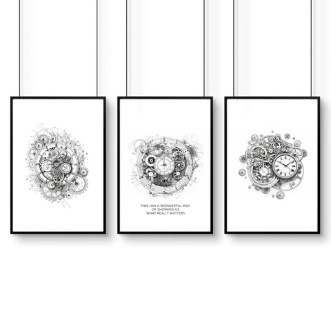 Male Office Decor | Set of 3 Abstract Clocks Wall art Prints
