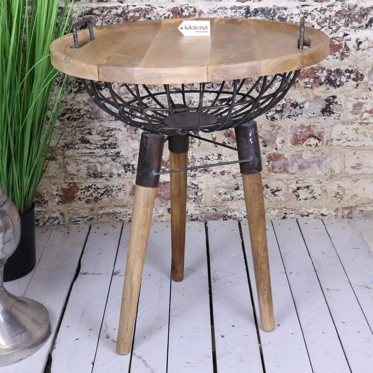 Rustic malipara basket side table with removable wooden legs and black metal wire frame round tray top