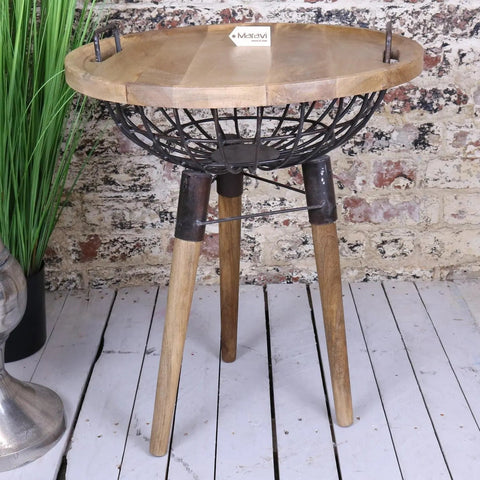 Rustic malipara basket side table with removable wooden legs and black metal wire frame round tray top